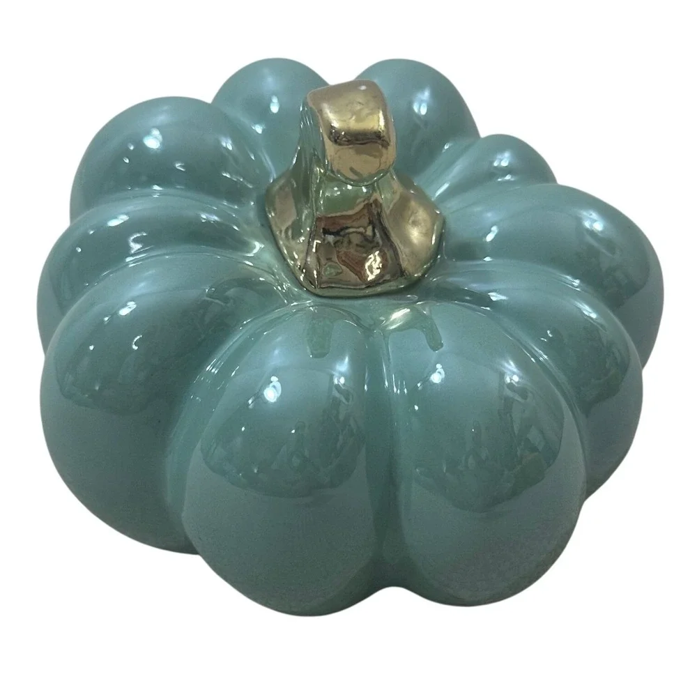 Ceramic Pumpkin Figurine Sage Green Teal Glossy Glaze Gold Stem Fall Decor 5.5